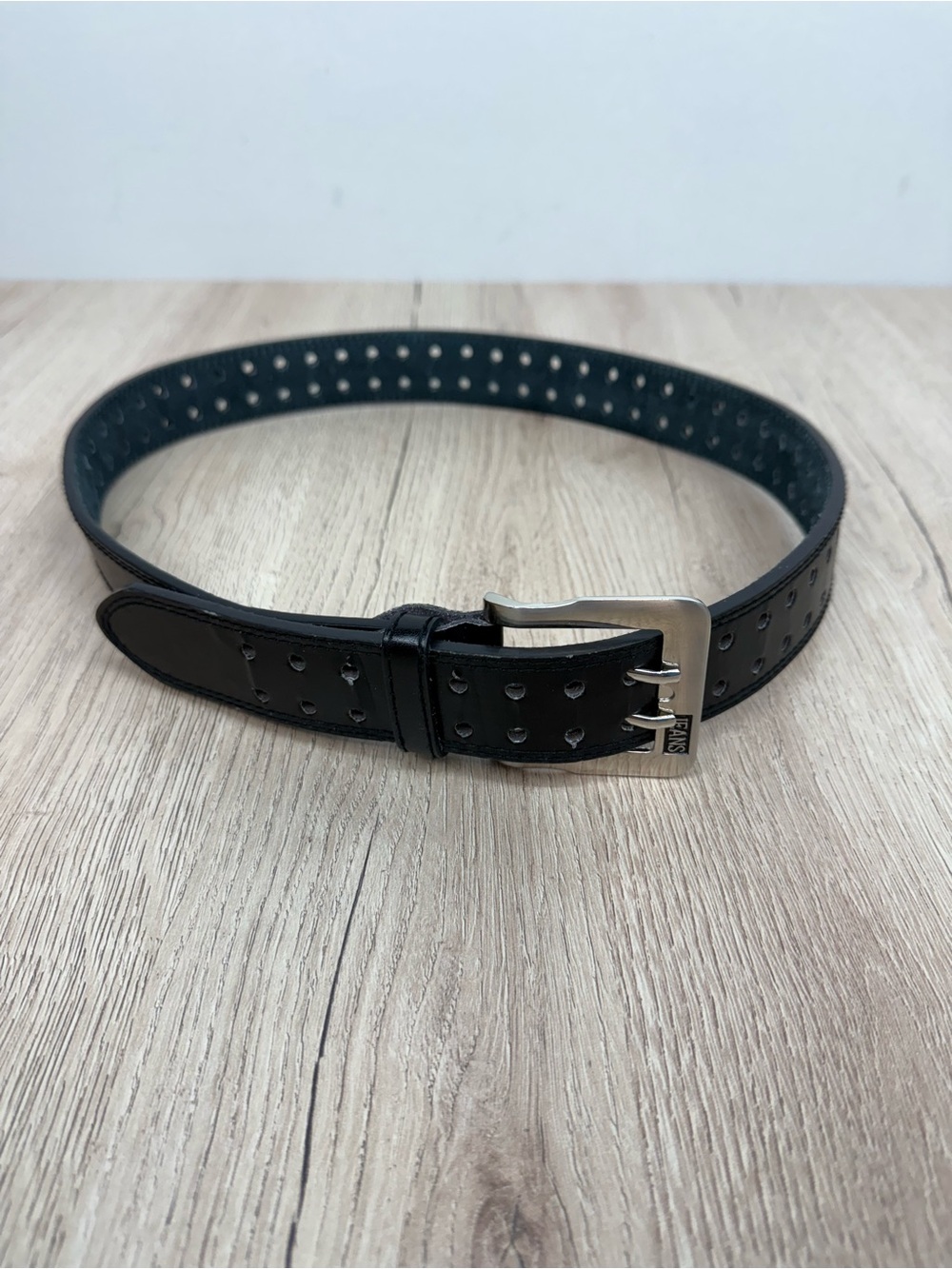 Jeans Black Genuine Leather Perforated Belt Double Prong Buckle Size S